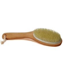 Dry Skin Body Brush - Natural Bristle - For Body Brushing - Curved Wood Handle- Removes Dead Skin & Toxins, Helps Cellulite, Lymphatic Functions, Blood Circulation & Exfoliation- Pouch & Hook Included